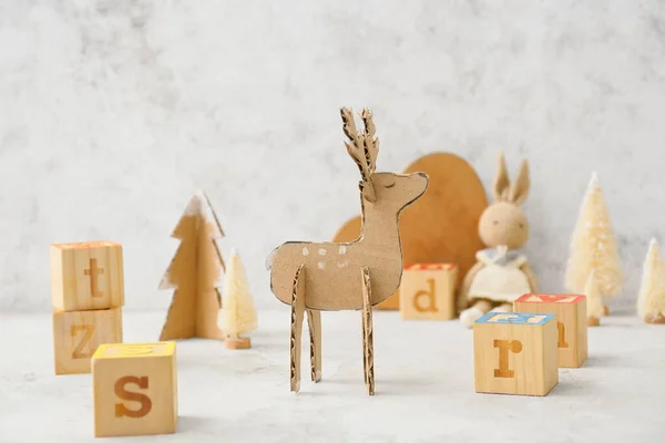 Handmade Cardboard Reindeer Different Toys Light Background — Stock Photo, Image