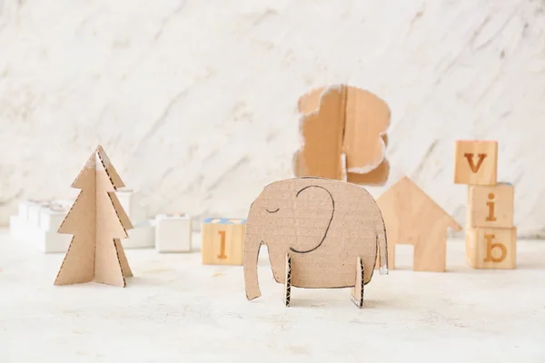 Handmade Cardboard Elephant Different Toys Light Background — Stock Photo, Image