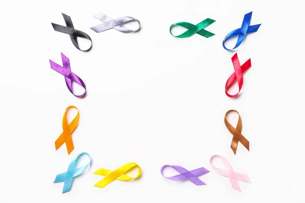 Square Frame Made Colorful Awareness Ribbons White Background World Cancer — Stock Photo, Image
