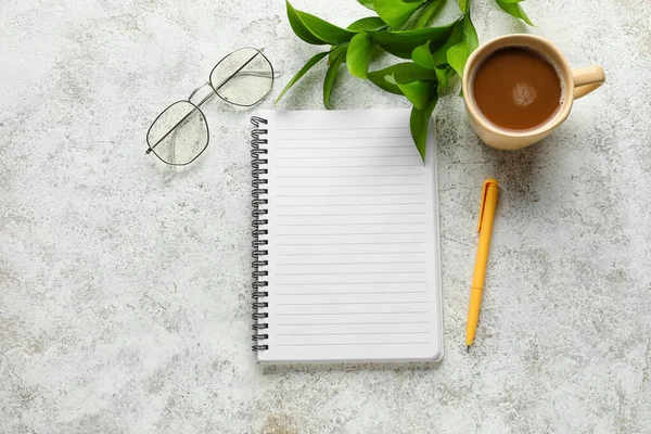 Notebook Cup Coffee Glasses Pen Light Background Top View — Stock Photo, Image