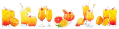Set with glasses of tasty Tequila Sunrise cocktail on white background