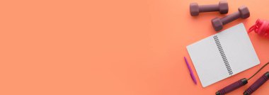 Spor ekipmanları ve boş not defteri metin için alanı olan renk arkaplanı