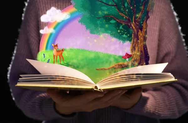 Girl Holding Open Book Drawn Magic Forest Dark Background Closeup — Stock Fotó