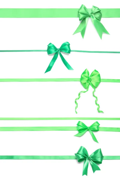 Set Beautiful Green Ribbons Bows Isolated White — Stock Photo, Image