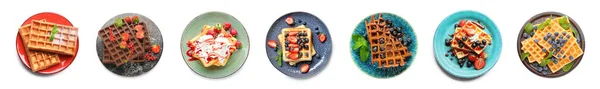 Conjunto Waffles Belgas Saborosos Fundo Branco Vista Superior — Fotografia de Stock