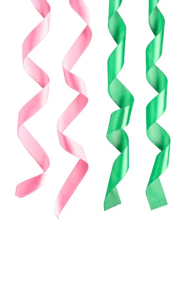 Set Beautiful Green Pink Ribbons Isolated White — Stock Photo, Image