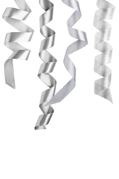 Set Beautiful Silver Ribbons Isolated White — Stock Photo, Image