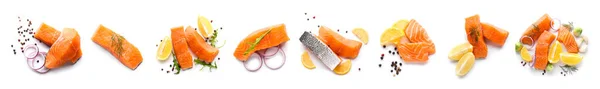 Set Raw Salmon Fillets Spices Lemon White Background Top View — Zdjęcie stockowe