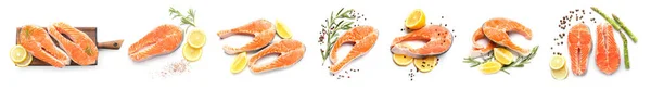 一套生鲑鱼牛排 背景为白色 有香料和柠檬 顶部观景 — 图库照片