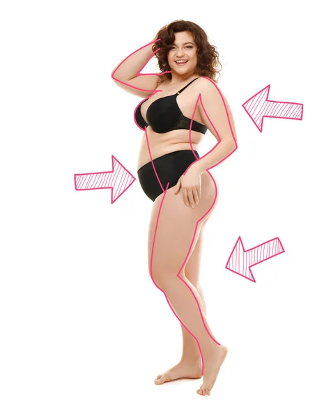 Übergewichtige Frau Mit Umrissen Von Schlanker Form Isoliert Auf Weiß — Stockfoto