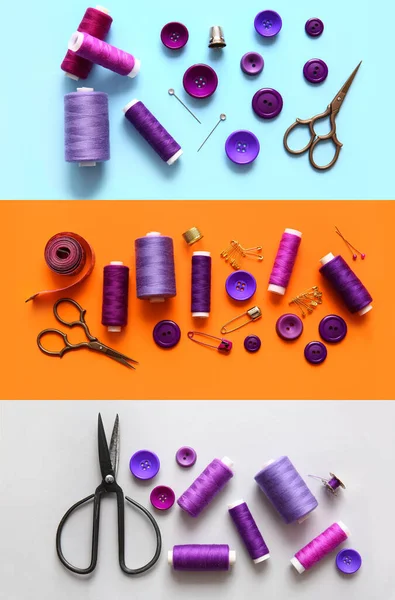 Collage Met Draden Tailoring Supplies Kleur Achtergrond Bovenaanzicht — Stockfoto