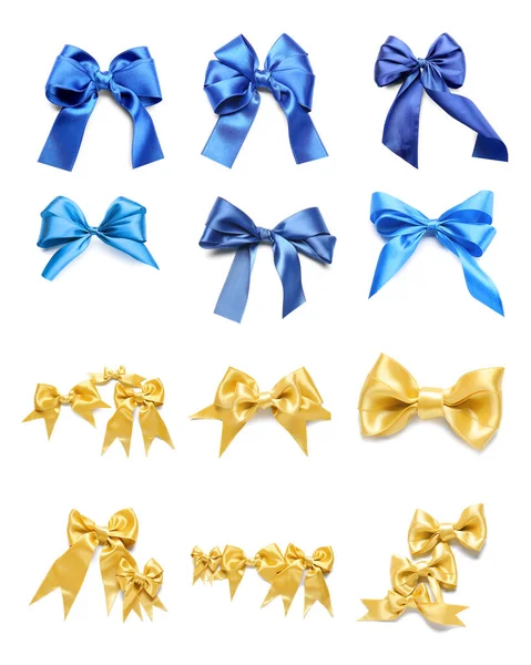 Set Van Prachtige Blauwe Gouden Bogen Geïsoleerd Wit — Stockfoto