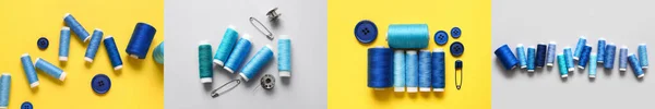 Collage Mit Blauen Fäden Und Schneiderbedarf Auf Farbigem Hintergrund Draufsicht — Stockfoto