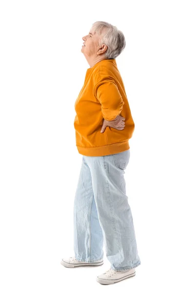 Senior Woman Sweatshirt Suffering Back Pain White Background — Stock Photo, Image