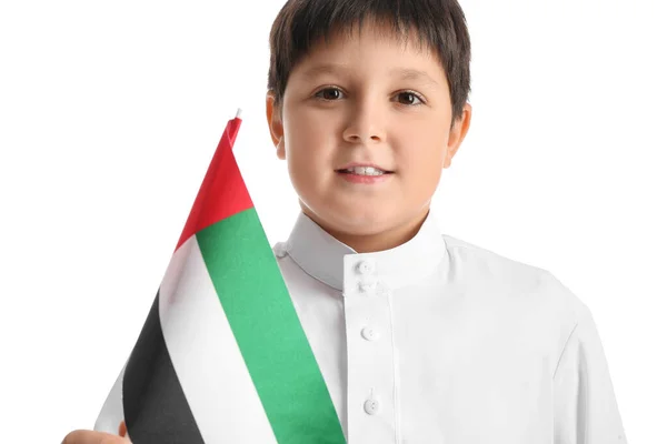 Lindo Niño Con Bandera Nacional Los Emiratos Árabes Unidos Sobre —  Fotos de Stock