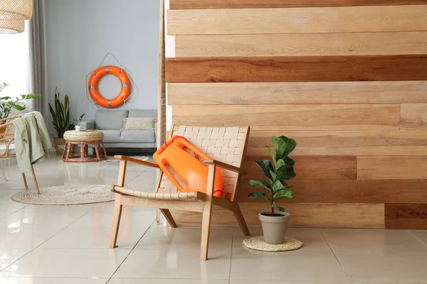 Interior Modern Living Room Life Buoy Board Armchair — Stock Photo, Image
