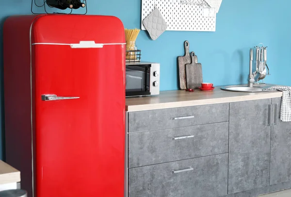 Interior Stylish Kitchen Red Fridge Counters Pegboard — Stock Photo, Image