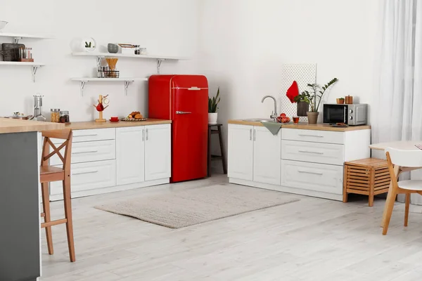 Interior Light Kitchen Red Fridge Counters Shelves — Stock Photo, Image