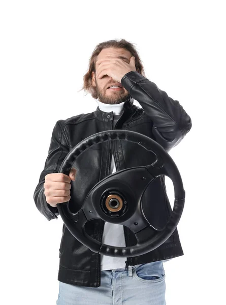Stressed Young Man Steering Wheel Isolated White — Stock Photo, Image