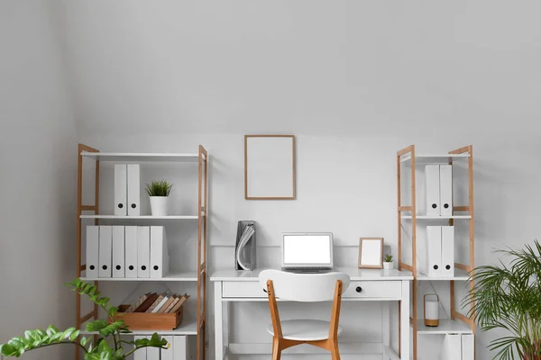Modern Workplace Shelf Units Office Interior — стоковое фото