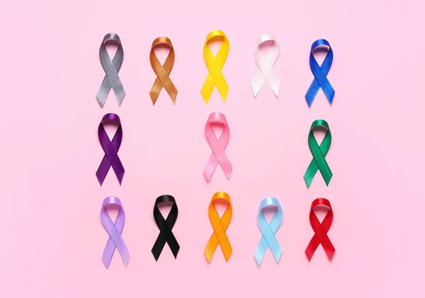 Set Awareness Ribbons Pink Background World Cancer Day — стоковое фото