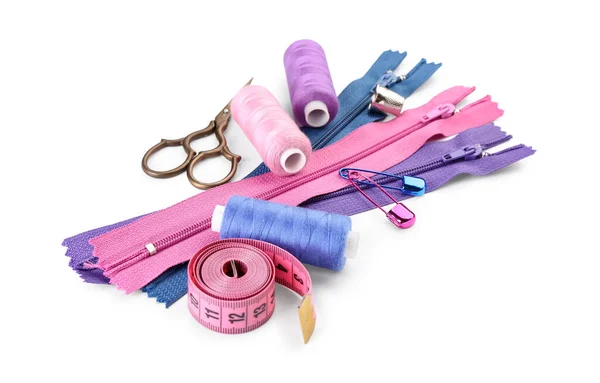 Set Colorful Zippers Sewing Supplies White Background — 스톡 사진