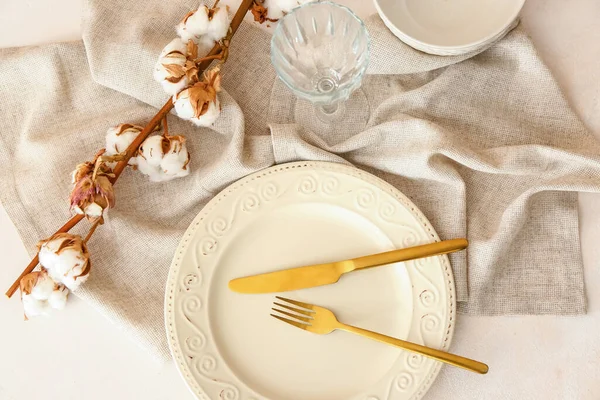 Stylish Table Setting Cotton Flowers Light Background — Stock Photo, Image