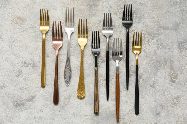 Many Different Forks Light Background Top View — Stock Photo, Image