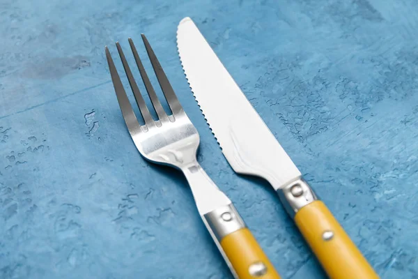 Silver Knife Fork Blue Background Closeup — Stock Photo, Image