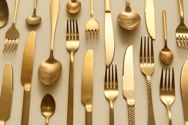 Many Different Golden Cutlery Color Background — Stock Photo, Image