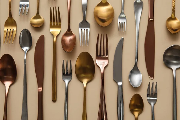 Many Different Cutlery Color Background Top View — Stock Photo, Image