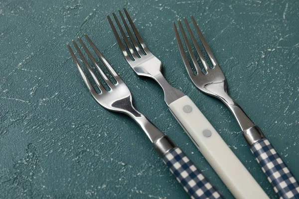 Different Forks Grey Background Closeup — Stock Photo, Image