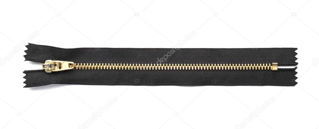 Stylish black zipper on white background