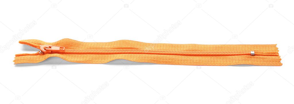 Stylish orange zipper on white background