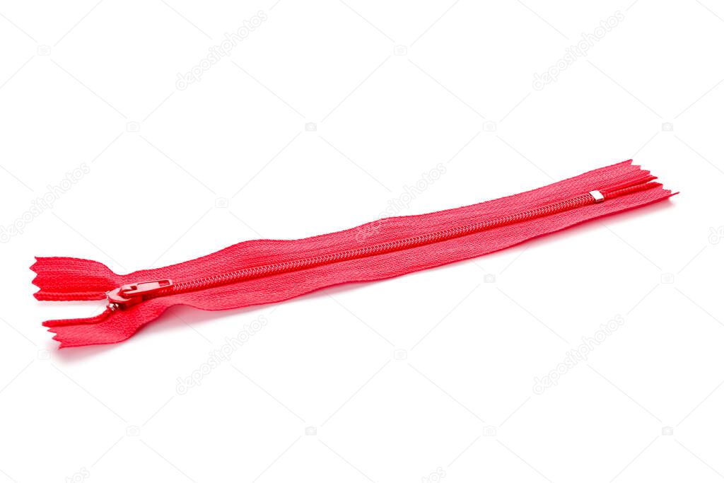 Stylish red zipper on white background