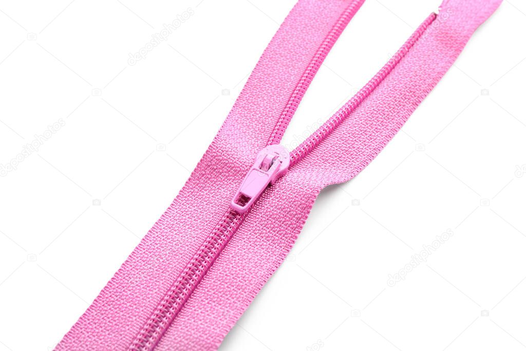 Stylish pink zipper on white background