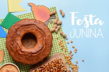 Geleneksel mısır keki ile Festa Junina (Haziran Festivali) için güzel tebrik kartı