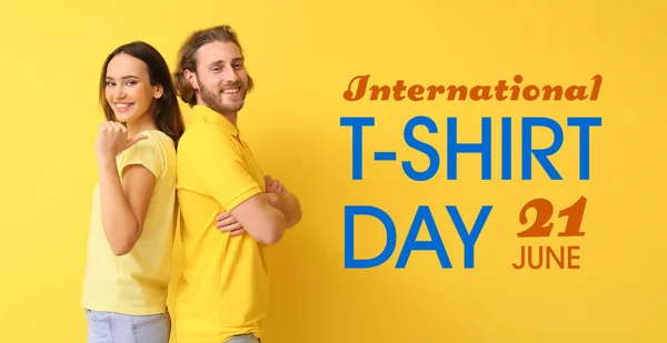 Jong Stel Stijlvolle Shirts Gele Achtergrond Internationale Shirt Dag — Stockfoto