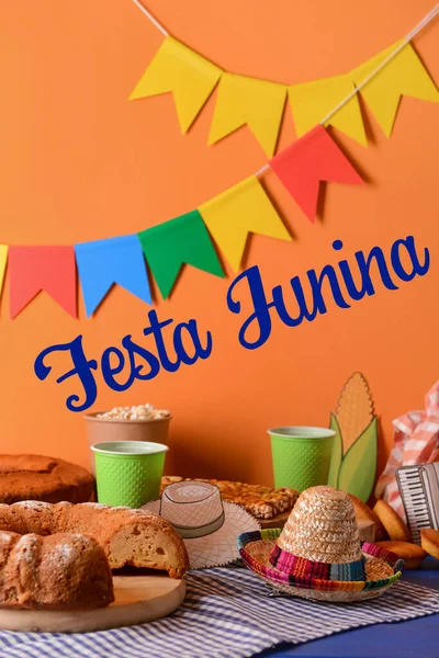 Beautiful Greeting Card Festa Junina June Festival Traditional Food — 스톡 사진