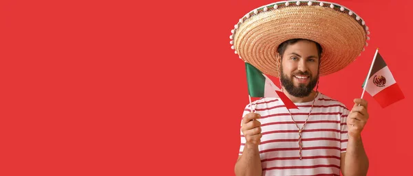 Przystojny Mężczyzna Sombrero Meksykańskimi Flagami Tle Koloru Miejscem Tekst — Zdjęcie stockowe