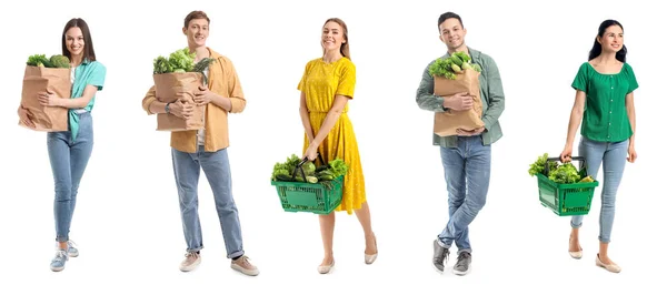 Group Young People Green Vegetables Market White Background —  Fotos de Stock