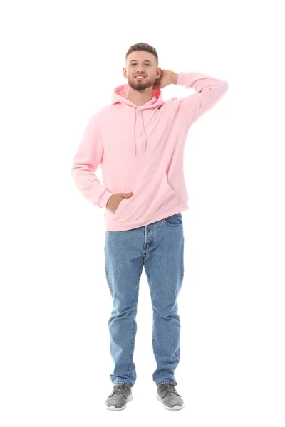 Chico Joven Con Sudadera Con Capucha Elegante Sobre Fondo Blanco —  Fotos de Stock