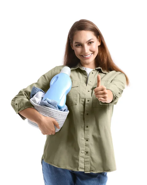 Hermosa Mujer Con Ropa Detergente Mostrando Pulgar Hacia Arriba Sobre —  Fotos de Stock