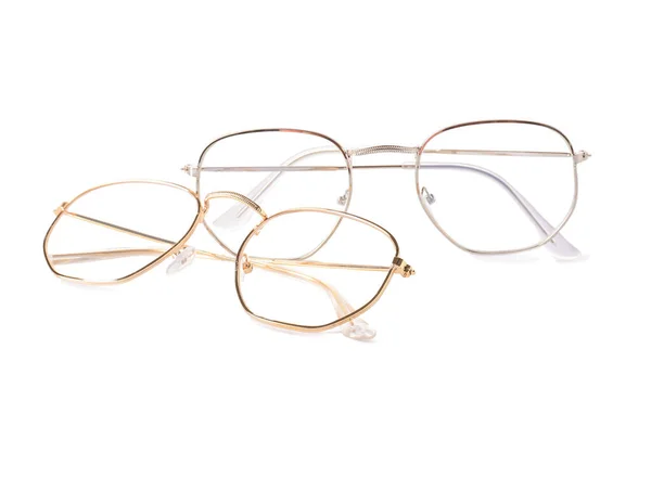 Different Modern Eyeglasses White Background — стоковое фото
