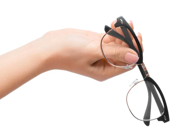 Female Hand New Modern Eyeglasses White Background — ストック写真