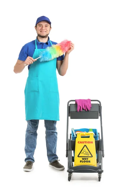 Trabalhador Serviço Limpeza Com Carrinho Sobre Fundo Branco — Fotografia de Stock