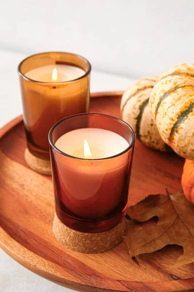 Wooden Stand Burning Candles Pumpkins Table Closeup — Stock Photo, Image