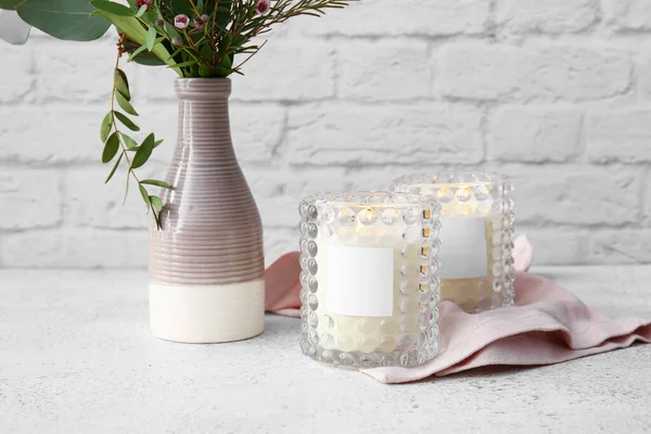 Glass Holders Burning Candles Flowers Light Table Closeup — Stock Photo, Image