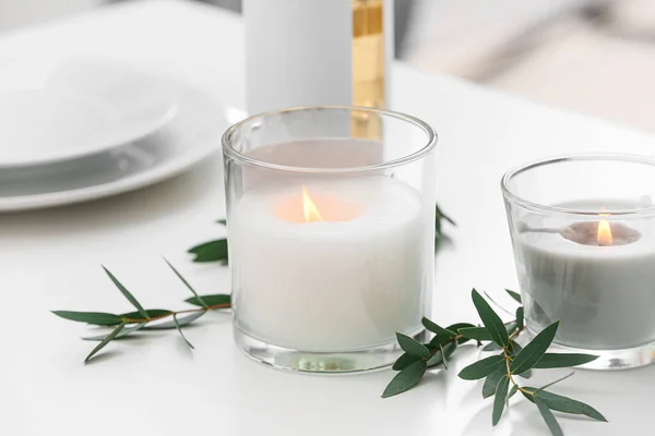 Holders Burning Candles Branches Table Closeup — Stock Photo, Image