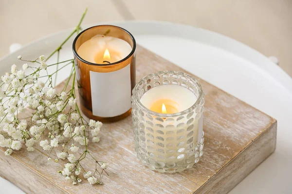 Holders Burning Candles Flowers Table Closeup — Stock Photo, Image